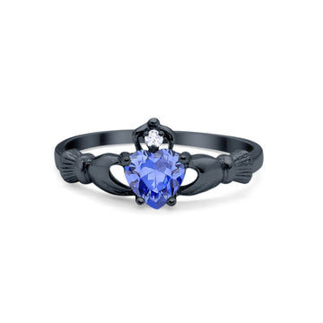 Irish Claddagh Heart Promise Ring Black Tone, Simulated Tanzanite CZ 925 Sterling Silver